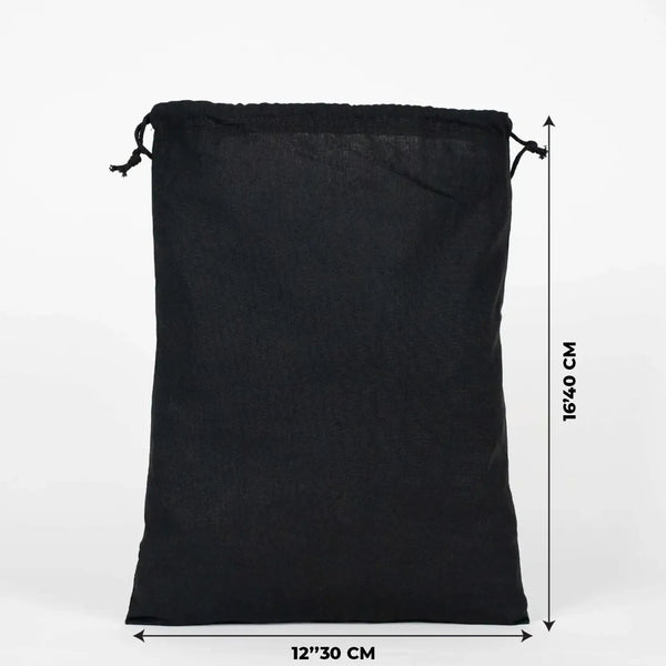 Black Cotton Drawstring Pouch – 12" × 16" (30 × 40 cm) – 4 oz - Pamusan.com