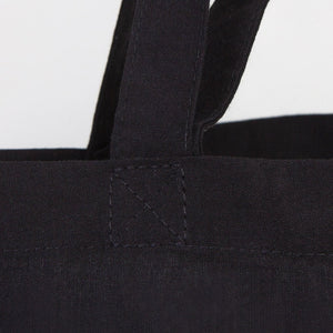 Close-up of black tote bag handles with visible stitching on a white background