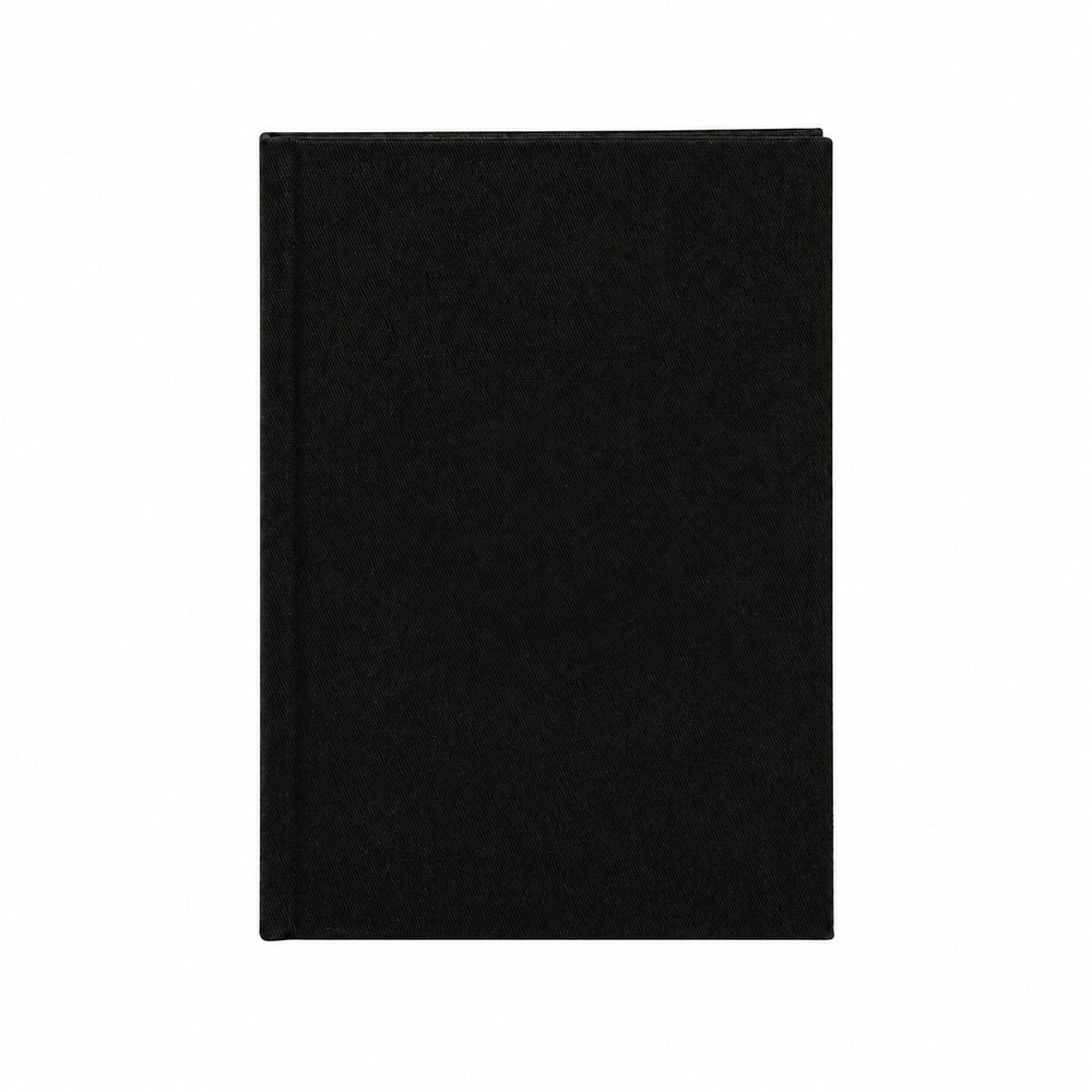 Blank black canvas notebook with pen on a wood desk – plain unprinted cover | Pamusan.com