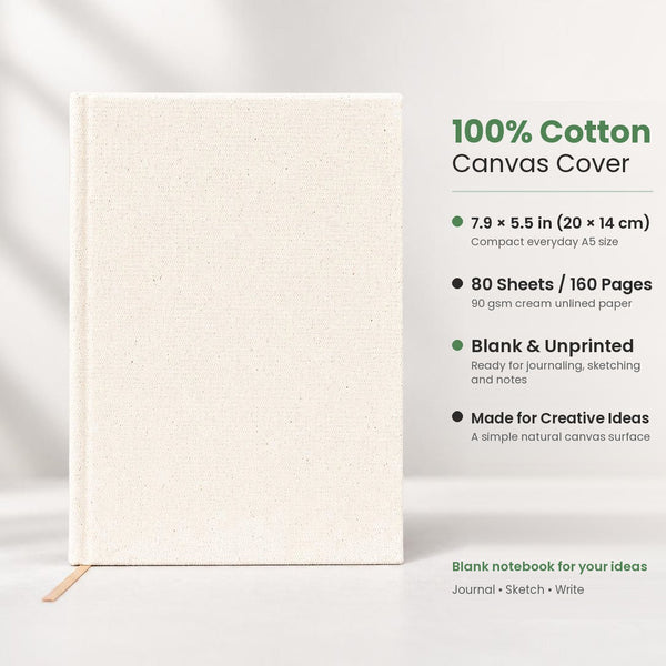 Blank Canvas Notebook – A5 (7.9" × 5.5" / 20 × 14 cm), 80 Unlined Sheets, Natural Cotton Cover, Bulk Plain Journal - Pamusan.com