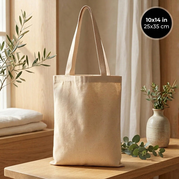 Blank Long Handle Tote Bag 10"x14" – Mini Natural Cotton, 6 oz Gabardine Fabric - Pamusan.com