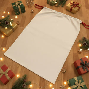 Blank canvas Santa sack flat lay with gifts and fairy lights, sublimation-ready plain gift bag