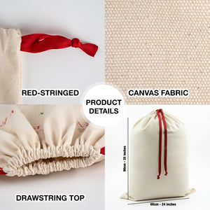 Santa sack product details: 320 gsm cotton canvas, red drawstring top and 60x90 cm (24x35 inch) size