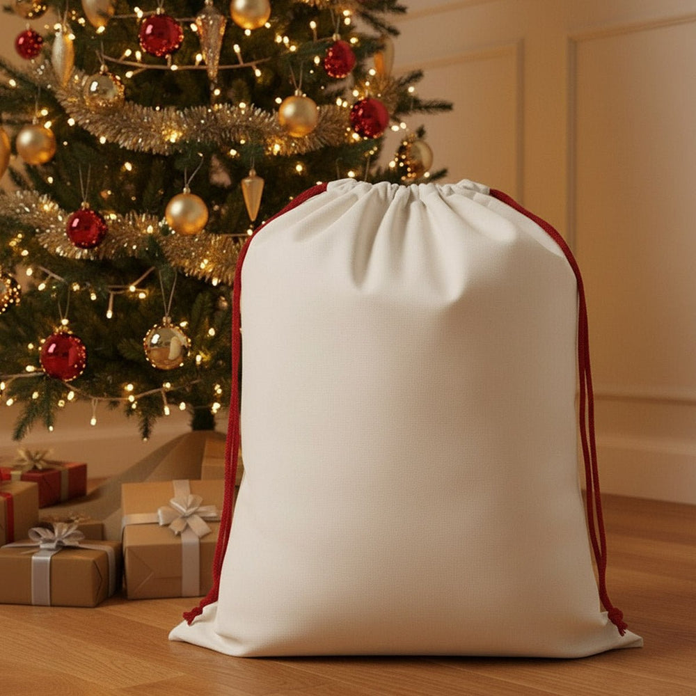 Blank Santa sack in front of a decorated Christmas tree, 60x90 cm jumbo plain canvas gift bag