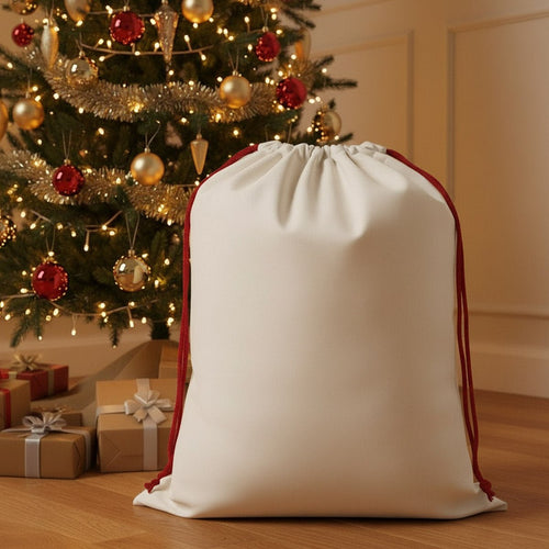 Blank Santa sack in front of a decorated Christmas tree, 60x90 cm jumbo plain canvas gift bag