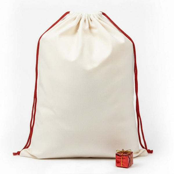 Plain natural canvas Santa sack with red drawstring cord, blank and sublimation-ready