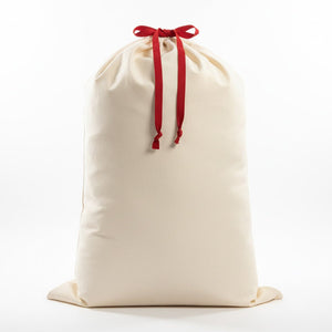 Blank Santa sack with red drawstring bow on white background, 60x90 cm plain 320 gsm canvas