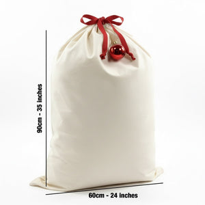 Blank Santa sack size chart, 90 cm x 60 cm (35 x 24 inch) plain canvas gift bag with red drawstring