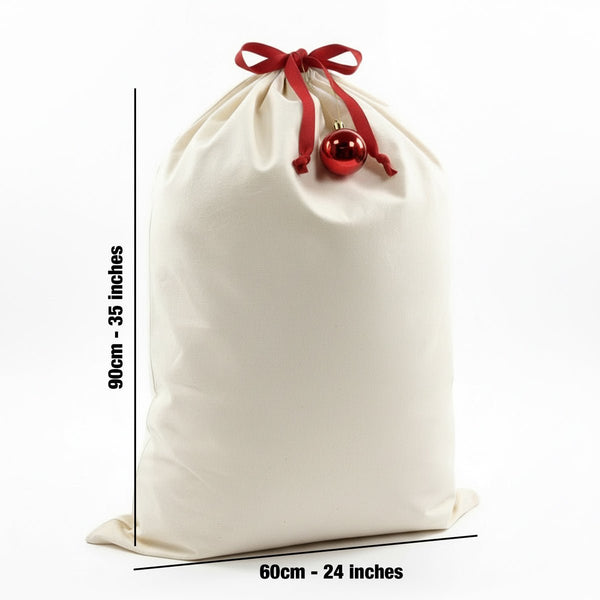 Blank Santa sack size chart, 90 cm x 60 cm (35 x 24 inch) plain canvas gift bag with red drawstring