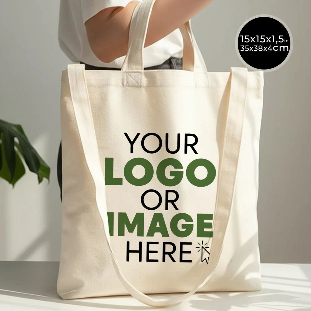Beige tote bag with customizable text on a neutral background