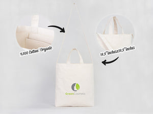 White tote bag with 'Green Cosmetics' logo on a white background