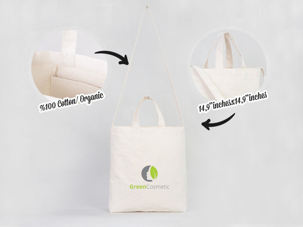 White tote bag with 'Green Cosmetics' logo on a white background