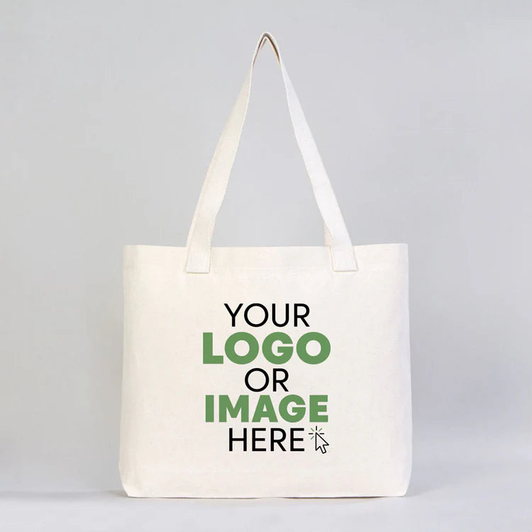 White tote bag with customizable text area on a gray background