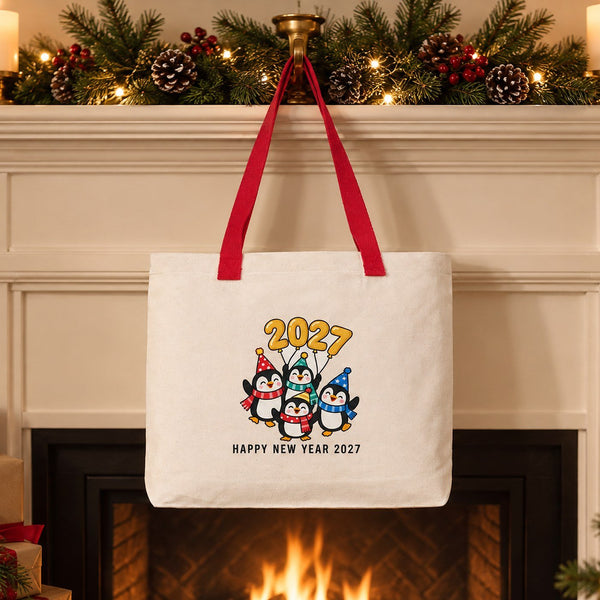 Canvas tas kerst – gebreide hengsels in beige, rood of zwart, 45 × 35 × 8 cm, 9 ontwerpen Happy New Year 2027 – katoen 320 g/m² - Pamusan.nl
