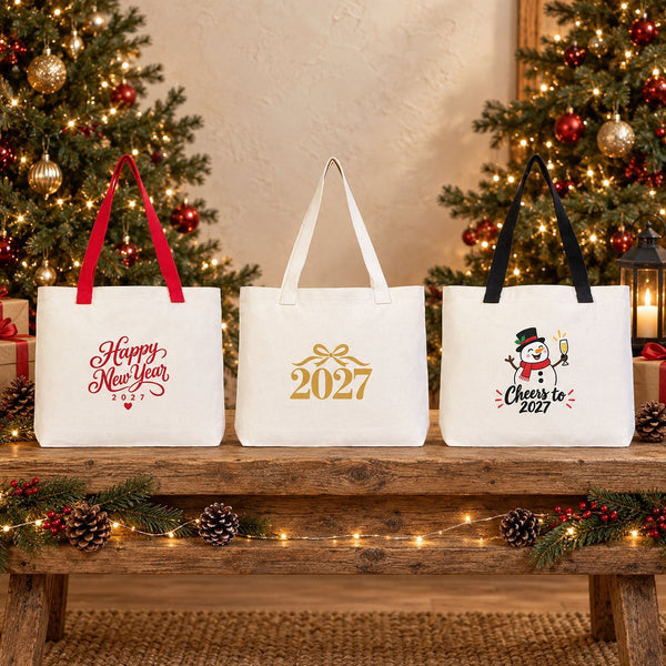 Canvas tas kerst – gebreide hengsels in beige, rood of zwart, 45 × 35 × 8 cm, 9 ontwerpen Happy New Year 2027 – katoen 320 g/m² - Pamusan.nl