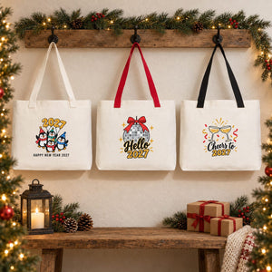 Canvas tas kerst – gebreide hengsels in beige, rood of zwart, 45 × 35 × 8 cm, 9 ontwerpen Happy New Year 2027 – katoen 320 g/m² - Pamusan.nl