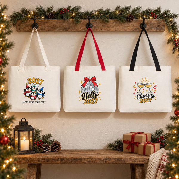 Canvas tas kerst – gebreide hengsels in beige, rood of zwart, 45 × 35 × 8 cm, 9 ontwerpen Happy New Year 2027 – katoen 320 g/m² - Pamusan.nl