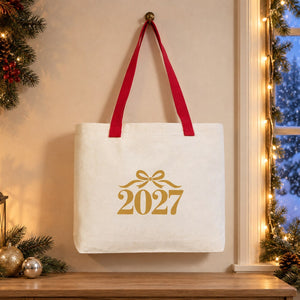 Canvas tas kerst – gebreide hengsels in beige, rood of zwart, 45 × 35 × 8 cm, 9 ontwerpen Happy New Year 2027 – katoen 320 g/m² - Pamusan.nl