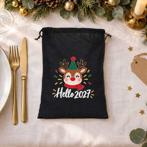 Stoffen cadeauzakjes Kerst – katoenen zak met koord 30 × 40 cm in rood, zwart of naturel, 9 ontwerpen voor Kerst & Nieuwjaar 2027 - Pamusan.nl