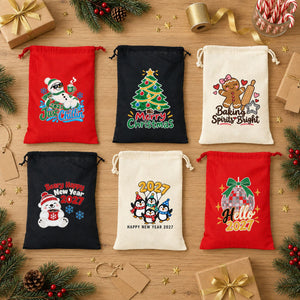 Stoffen cadeauzakjes Kerst – katoenen zak met koord 30 × 40 cm in rood, zwart of naturel, 9 ontwerpen voor Kerst & Nieuwjaar 2027 - Pamusan.nl