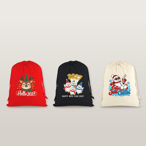 Stoffen cadeauzakjes Kerst – katoenen zak met koord 30 × 40 cm in rood, zwart of naturel, 9 ontwerpen voor Kerst & Nieuwjaar 2027 - Pamusan.nl