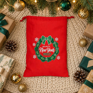 Stoffen cadeauzakjes Kerst – katoenen zak met koord 30 × 40 cm in rood, zwart of naturel, 9 ontwerpen voor Kerst & Nieuwjaar 2027 - Pamusan.nl