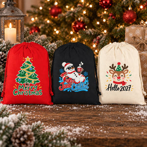 Stoffen cadeauzakjes Kerst – katoenen zak met koord 30 × 40 cm in rood, zwart of naturel, 9 ontwerpen voor Kerst & Nieuwjaar 2027 - Pamusan.nl
