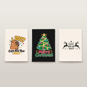 Kerst notitieboek – A5 notitieboek met canvas omslag 14 × 20 cm, 9 ontwerpen voor Kerst & Nieuwjaar 2027, naturel of zwart, 160 blanco pagina’s - Pamusan.nl