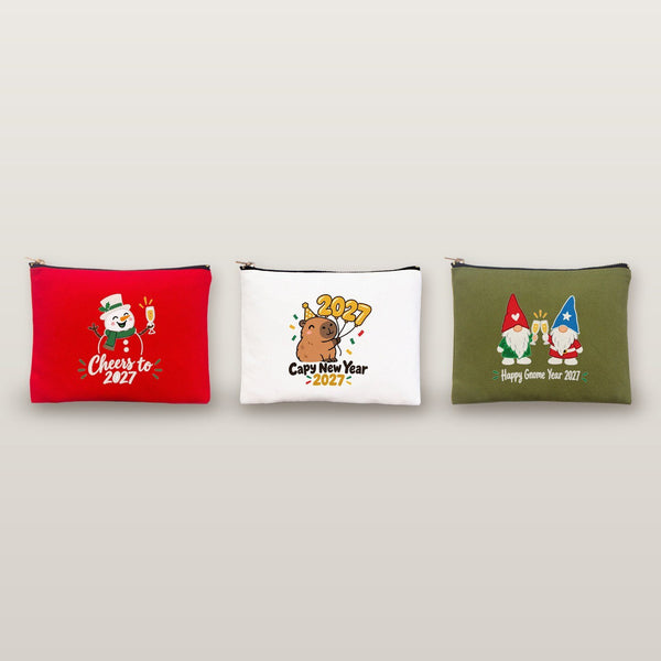 Kerst make-up tasje – 9 ontwerpen Kerst & Nieuwjaar 2027, etui met rits 21 × 15 cm – katoenen gabardine - Pamusan.nl