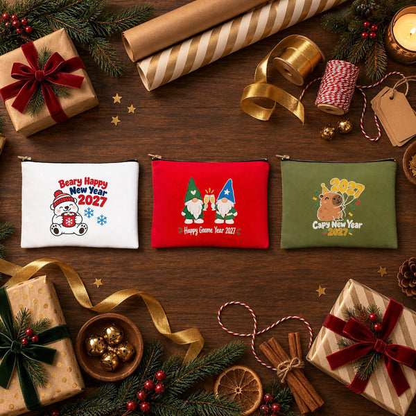 Kerst make-up tasje – 9 ontwerpen Kerst & Nieuwjaar 2027, etui met rits 21 × 15 cm – katoenen gabardine - Pamusan.nl