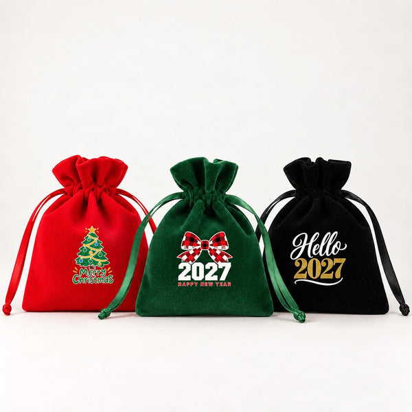 Fluwelen zakjes Kerst – feestelijk bedankje 10 × 13 cm met satijnen koord, rood, groen of zwart, 9 ontwerpen voor Kerst & Nieuwjaar 2027 - Pamusan.nl