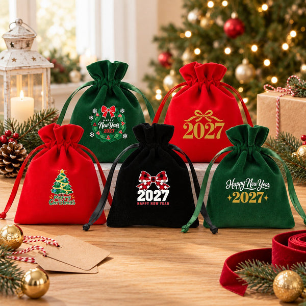 Fluwelen zakjes Kerst – feestelijk bedankje 10 × 13 cm met satijnen koord, rood, groen of zwart, 9 ontwerpen voor Kerst & Nieuwjaar 2027 - Pamusan.nl