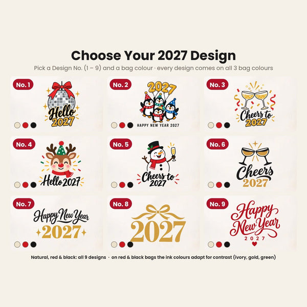 Katoenen kerst tote bag – stoffen tassen 35 × 40 cm in naturel, rood of zwart, 9 ontwerpen voor Kerst & Nieuwjaar 2027 – katoenen gabardine - Pamusan.nl