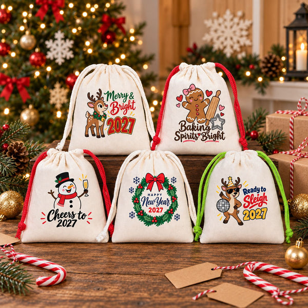 Christmas Treat Bags Bulk – Small Cotton Muslin Drawstring Gift Bags 4" × 5" (10 × 13 cm), Red, Green or Natural Cord, 9 Holiday & New Year 2027 Designs - Pamusan.com