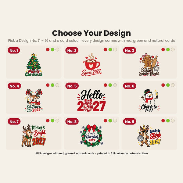 Christmas Treat Bags Bulk – Small Cotton Muslin Drawstring Gift Bags 4" × 5" (10 × 13 cm), Red, Green or Natural Cord, 9 Holiday & New Year 2027 Designs - Pamusan.com