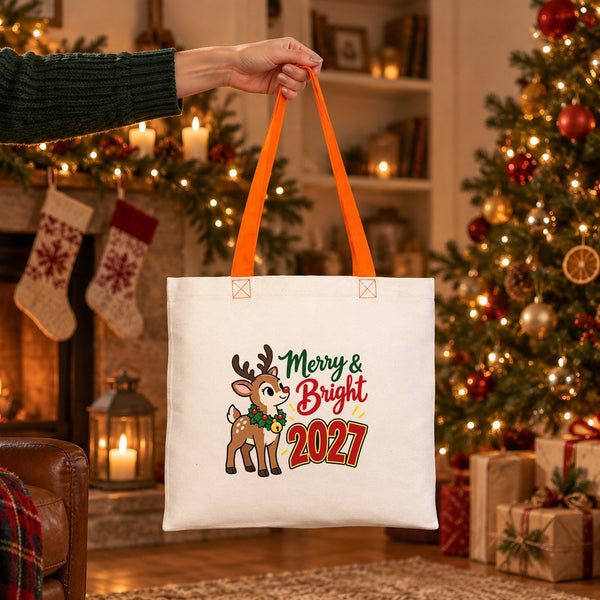 Stoffen tas voor kerst met gekleurde hengsels – 40 × 35 cm, zwart, rood of oranje, 9 ontwerpen voor Kerst & Nieuwjaar 2027 – katoen - Pamusan.nl