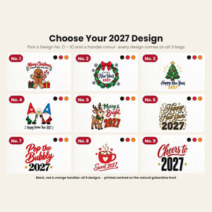 Stoffen tas voor kerst met gekleurde hengsels – 40 × 35 cm, zwart, rood of oranje, 9 ontwerpen voor Kerst & Nieuwjaar 2027 – katoen - Pamusan.nl