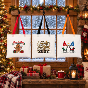 Stoffen tas voor kerst met gekleurde hengsels – 40 × 35 cm, zwart, rood of oranje, 9 ontwerpen voor Kerst & Nieuwjaar 2027 – katoen - Pamusan.nl
