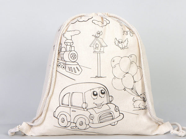 Kids Coloring Drawstring Bag Cotton School Bag with Car Design (No Pencil Included) — view 8 | Pamusan