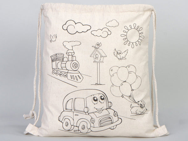 Kids Coloring Drawstring Bag Cotton School Bag with Car Design (No Pencil Included) — lifestyle view | Pamusan