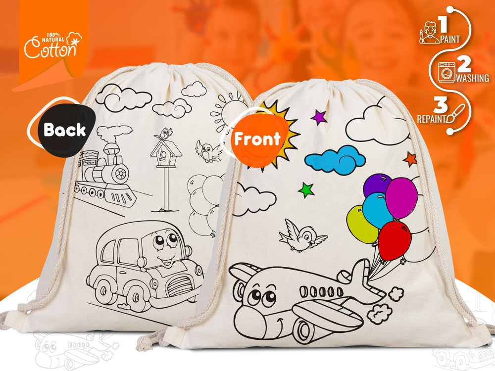 Kids Coloring Drawstring Bag Cotton School Bag with Car Design (No Pencil Included) | Pamusan