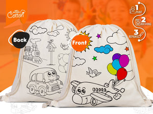 Kids Coloring Drawstring Bag Cotton School Bag with Car Design (No Pencil Included) | Pamusan