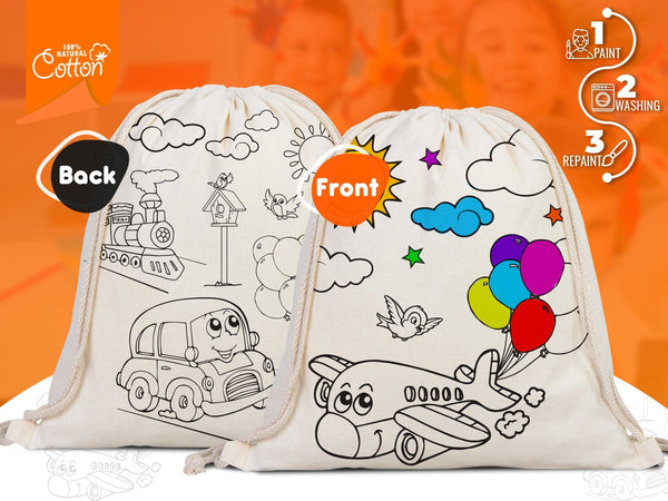 Kids Coloring Drawstring Bag Cotton School Bag with Car Design (No Pencil Included) | Pamusan