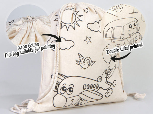 Kids Coloring Drawstring Bag Cotton School Bag with Car Design (No Pencil Included) — view 6 | Pamusan