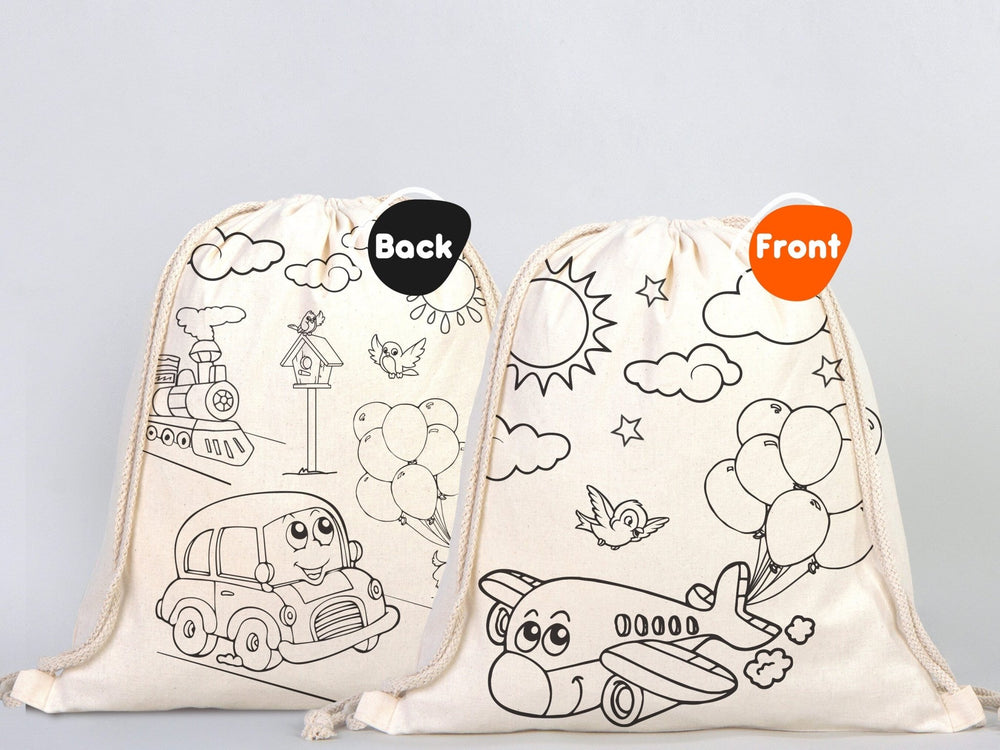 Kids Coloring Drawstring Bag Cotton School Bag with Car Design (No Pencil Included) | Pamusan