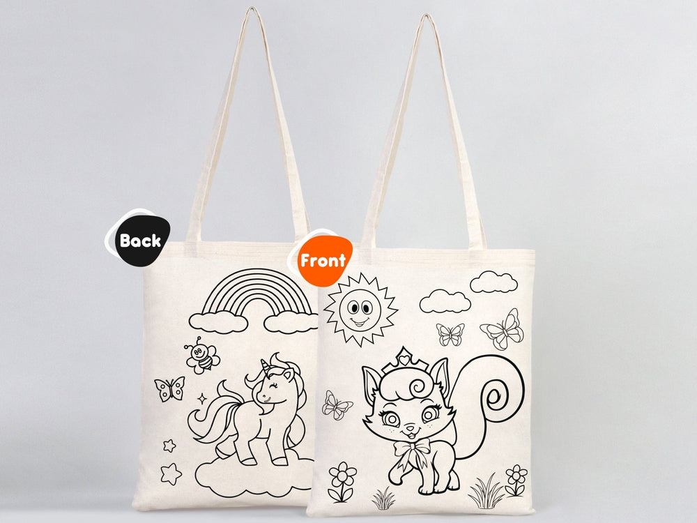 Coloring Tote Bag for Kids – Unicorn & Cat Design – Washable Cotton Art Bag (No Pencil) | Pamusan