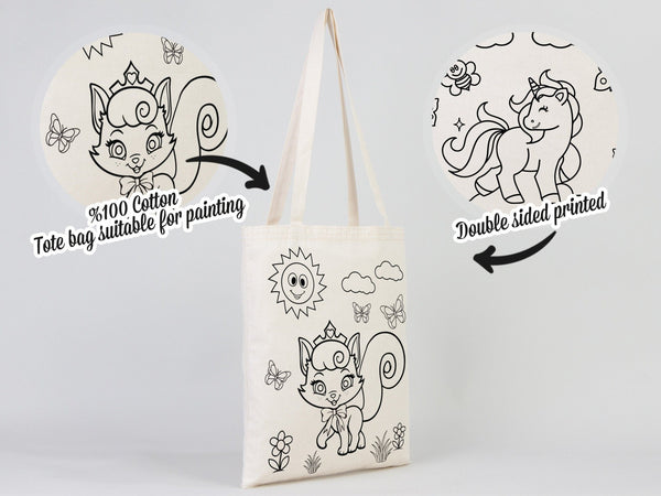 Coloring Tote Bag for Kids – Unicorn & Cat Design – Washable Cotton Art Bag (No Pencil) — detail view | Pamusan