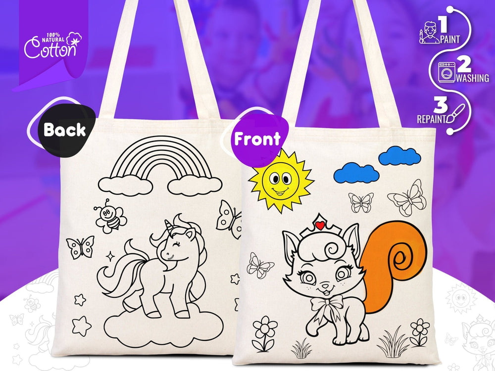 Coloring Tote Bag for Kids – Unicorn & Cat Design – Washable Cotton Art Bag (No Pencil) | Pamusan