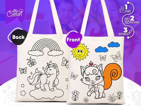 Coloring Tote Bag for Kids – Unicorn & Cat Design – Washable Cotton Art Bag (No Pencil) | Pamusan