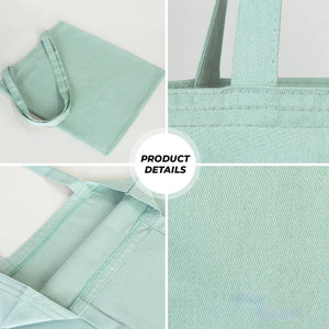 Collage of a light green tote bag with product details text.